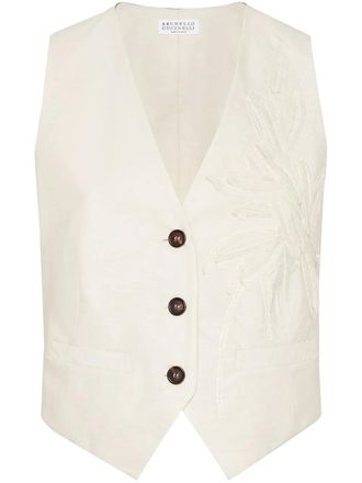 Brunello Cucinelli Flora-appliqué waistcoat - women - Cotton/Nylon - 46 - Neutrals