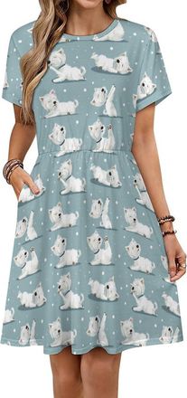 Generic Westie Dog Women Summer Dress Short Sleeve Sundress Swing Casual Party Dresses Pockets XL