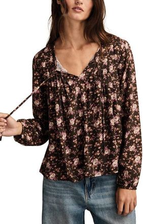 Lucky Brand Pintuck Floral Peasant Top in Black Multi at Nordstrom, Size X-Small