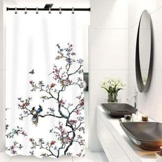 OEM Cortina De Ducha De Tela Resistente Al Moho Para Hombres Y Mujeres Con 12 Ganchos, Estampado De P&aacute;jaros, Blanca, 90 X 180 Cm