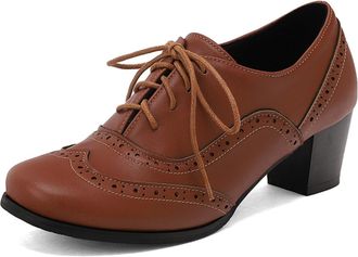 Generic Womens Lace-Up Block Heel Oxfords Brogued Perforation Round Toe Contrast Stitching Smooth Upper Adjustable Laces Stable Durable Shoes,Brown,3.5 UK