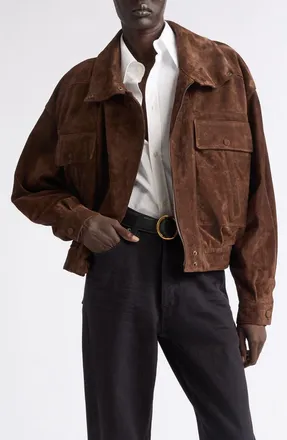 Saint Laurent Calfskin Suede Jacket in Ebene at Nordstrom, Size 40