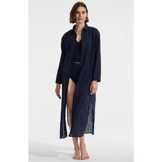 Lands End Eyelet Button Down Maxi Cover-up Dress in Deep Sea Navy at Nordstrom, Size X-Large
