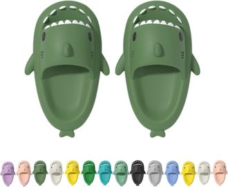 Generic Shark Slippers for Adult and Kids, Thick Sole Cloud Shark Slides Women Men, Cute Beach Bathroom Shark Sandals Sunmmer (Dark Green, Adult, Men, 3.5, Nu