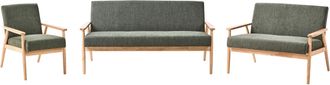 Beliani Conjunto De Sala De Estar Retro Sof&aacute; 3 Plazas Sof&aacute; 2 Plazas Y Sill&oacute;n Tapizado De Poli&eacute;ster Estructura De Madera Verde Y Marr&oacute;n Claro Esrum