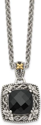 Diamond2Deal Sterling Silver with 14K Accent Checkerboard-cut Black Onyx Pendant Necklace