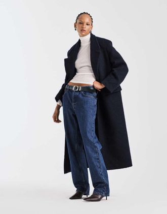 Asos Cappotto dad fit blu navy in misto lana spazzolato premium