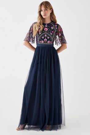 Coast Embroidered Bodice Mesh Skirt Maxi Dress
