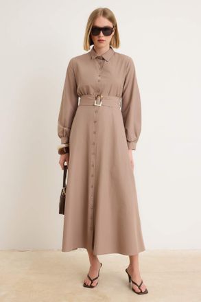 Trendyol Modest Dames Bruin Effen Maxi Lang Zakelijk Blousejurk Modest Jurken