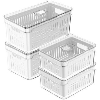 Ou Clear Stackable Fridge Organizer Bin with Drain Basket and Vented Lid, 4 Pack in Clear With White Drainer at Nordstrom
