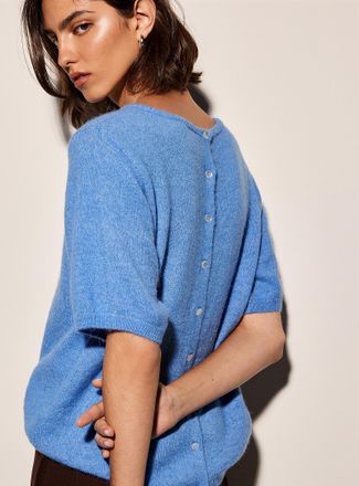 Ichi Womens Back-button fuzzy-knit sweater