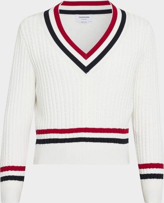 Thom Browne Men & apos;s Cotton Cable Knit Stripe-Trim V-Neck Sweater