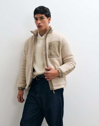 Only & Sons pile sherpa imbottito con tasca a contrasto color crema-Bianco
