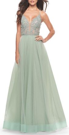 La Femme Tulle Gown with Sheer Lace Bodice in Sage at Nordstrom, Size 10