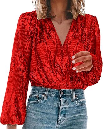 Generic Sequin Tops for Women UK Long Sleeve V Neck Festival Sparkly Tops Shimmer Shirt Glitter Top Festival Party Clubbing Blouses Solid Colour Ladies Glitte