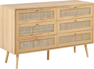 Beliani C&oacute;moda De Rat&aacute;n Madera Clara Dorado 120 X 42 Cm 6 Cajones Boho Perote