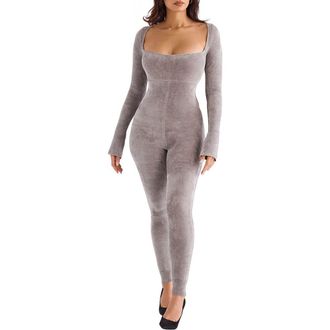 House of CB Isis Chenille Long Sleeve Jumpsuit in Mink at Nordstrom, Size X-Small