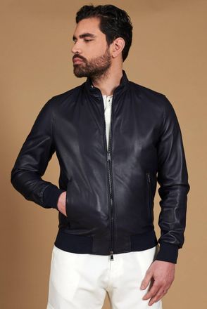 D'Arienzo Giubbotto Bomber in pelle blu nappa effetto liscio DArienzo, Seleziona Taglia 46, Colore Blu