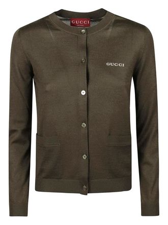 Gucci logo-intarsia button-up cardigan - women - Cashmere/Silk - M - Brown