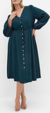 City Chic Kristina Tie Waist Long Sleeve Midi Dress in Deep Emrald at Nordstrom