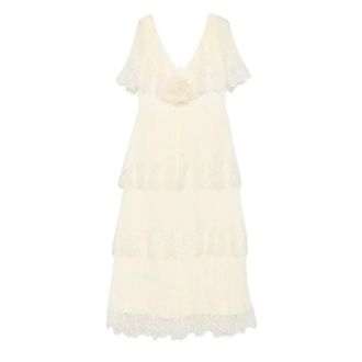 Self Portrait Pleated Lace-Trim Midi Dress - female - Self Portrait - Midi Dresses - Yellow - S - Dresses