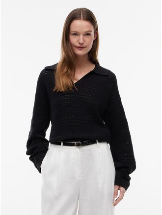 Tommy Hilfiger Womens Relaxed Fit Crochet Sweater Polo - Black - L