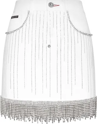 Philipp Plein Denim Skirt Crystal Fringe