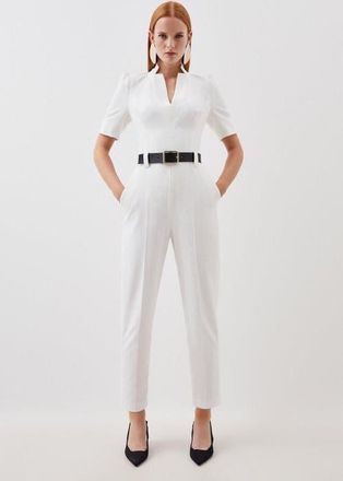 Karen Millen Structured Crepe Forever Belted Jumpsuit in Ivory at Nordstrom, Size 12