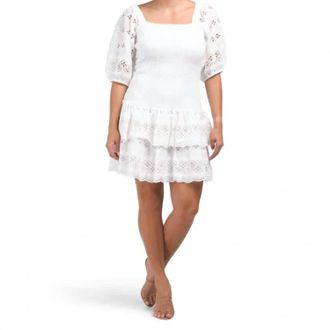 Sail to Sable Puff Sleeve Smocked Dress In White Eyelet
