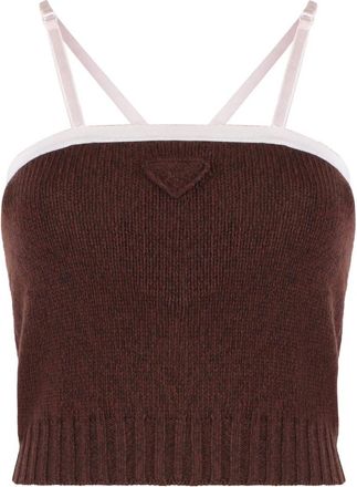 Prada Geribbelde Gebreide Wol Kasjmier Top - Dames - Tops zonder mouwen - Bruin - S - Wol - Tops