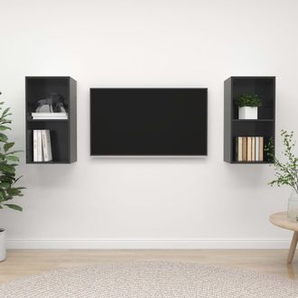 vidaXL Muebles De Sal&oacute;n De Pared 2 Pzas Madera Ingenier&iacute;a Gris Brillo Vidaxl