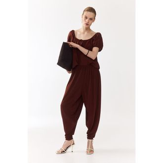 H&M Puff-sleeved Linen-blend Blouse in Rust Brown at Nordstrom, Size Xx-Small