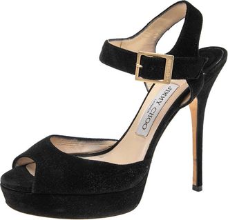 Jimmy Choo London Black Suede Peep Toe Ankle Strap Platform Sandals