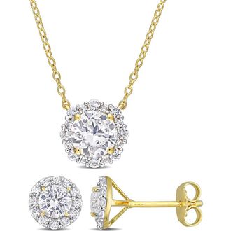Delmar Lab Grown White Sapphire Round Halo Stud Earrings & Pendant Necklace Set in Gold at Nordstrom Rack