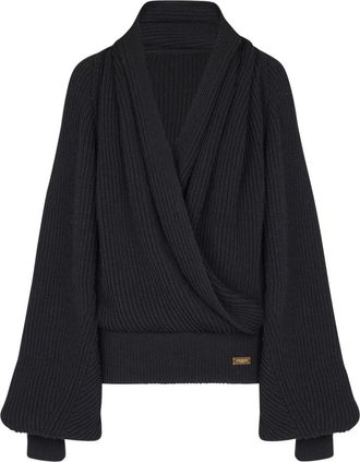 Balmain Oversized Gebreide Hoodie - Dames - V-hals truien - Zwart - M - Wol - Truien & Vesten