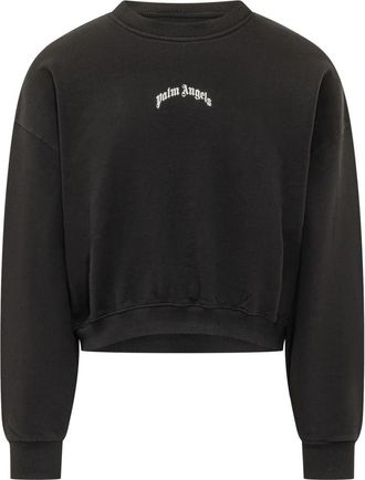 Palm Angels Curved Logo Crop Crew - Dames - Sweatshirts - Zwart - M - Katoen - Hoodies & sweatvesten