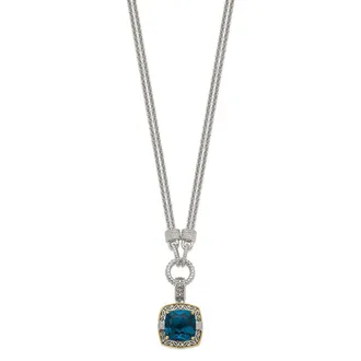 Diamond2Deal Sterling Silver with 14K Accent Cushion London Blue Topaz and Diamond Pendant Necklace