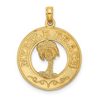 Diamond2Deal 14k Yellow Gold MYRTLE BEACH with Palm Tree Circle Charm Pendant