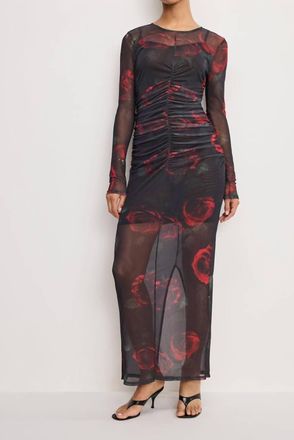 Good American Mesh Ruched Maxi Dress In Moody Red Roses