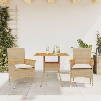 vidaXL Set De Comedor Jard&iacute;n 3 Pzas Con Cojines Rat&aacute;n Pe Acacia Beige Vidaxl