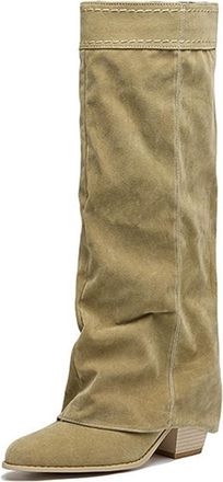 Generic Womens Knee High Fold Over Riding Boots Pointed Toe Chunky Heels Vintage Winter Shoes Pull On (Khaki,7.5)
