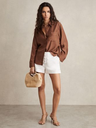 Reiss Brown Silk Button Sleeve Shirt, 10