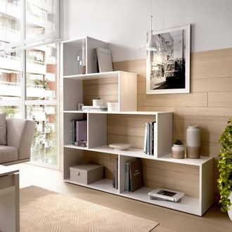 Dmora Librer&iacute;a Dmorr, Librer&iacute;a De Doble Cara Con 6 Estantes, Estante Separador Con Compartimentos De Oficina, 145x29h145 Cm, Blanco Brillante - Dmora