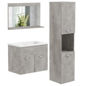 OEM Set Mobili Bagno Da 4 Pezzi Con Lavabo Da 60cm, Mobiletto, Colonna Bagno E Specchiera In Legno, Grigio