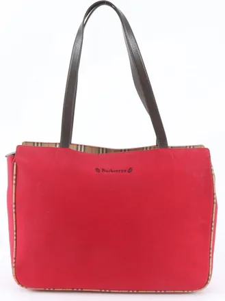 Burberry Red Color Leather Canvas Handbag Shoulder Bag Tote Bag (Pre-Owned)