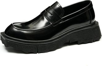 Generic Mens Patent Leather Platform Loafers Chunky Block Heel Formal Shoes Slip on Business Dress Shoes,Black,4.5 UK