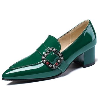 Generic Womens Patent Leather Pointed Toe Block Heel Loafers with Jeweled Buckle for Office & Cocktail Event Mid Heel Slip-On Dress Shoes,Green,4.5 UK