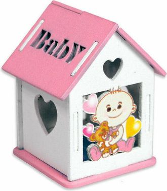 Trade Shop Trade Shop - Bomboniera In Legno Casetta Con Tetto Apribile Per Nascita Battesimo Bimba Rosa