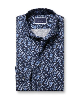 CHARLES TYRWHITT Made With Liberty Fabric Semi-Cutaway Floral Cotton Shirt - Navy Size Large by Charles Tyrwhitt