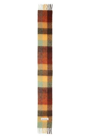 Acne Studios Vally Plaid Alpaca, Wool & Mohair Blend Scarf in Chestnut Brown/Yellow/Green at Nordstrom